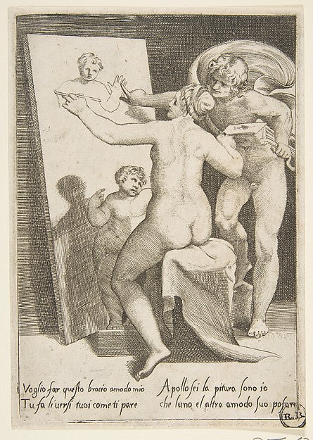 Apollo standing a beside a woman representing an allegory of p,  Poster Print