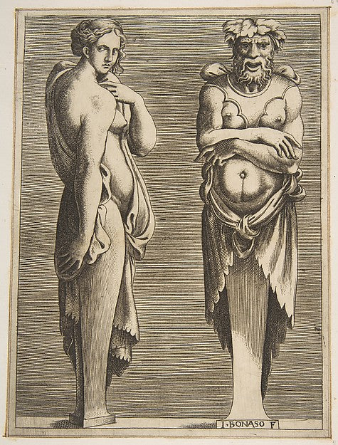 Two Terms  a Nymph at left Silvanus at right c1530–50-Giulio B,  Poster Print