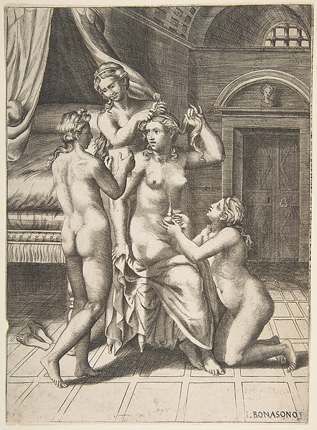 The toilet of Psyche who is seated in the centre being attende,  Poster Print
