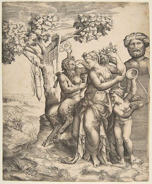 Pan at the left seated next to a standing nymph  to the right ,  Poster Print