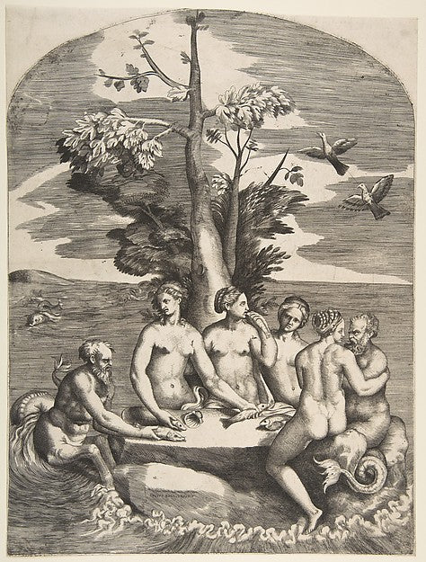 Two sea gods accompanied by four nymphs 1531–76-Giulio Bonason, Poster Print