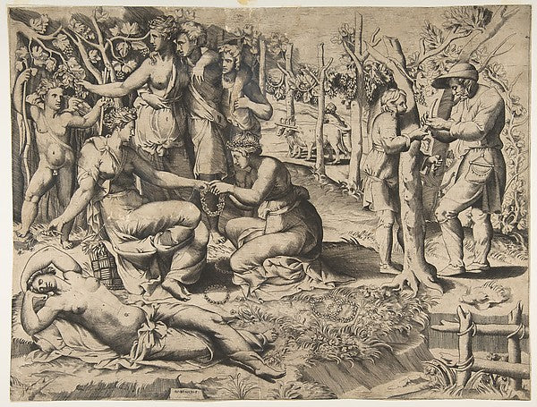 Flora in the centre passing a wreath to another woman  surroun,  Poster Print