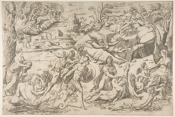 Mars and Rhea Silvia: in the centre Mars holds a shield and sw,  Poster Print