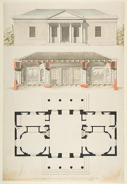 Plan  Elevation  and Section for a Single Story Pavilion late, Poster Print