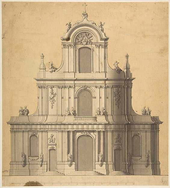Elevation of West Façade of a Church 18th cent-Anonymous,Fren,16x12"(A3)Poster
