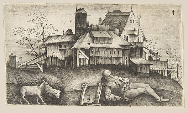 The old shepherd lying in a landscape  buildings behind  a goa,  Poster Print Wall Art