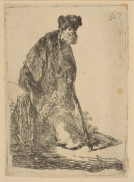 Man in a Cloak and Fur Cap  Leaning against a Bank c1630-Rembr, Poster Print