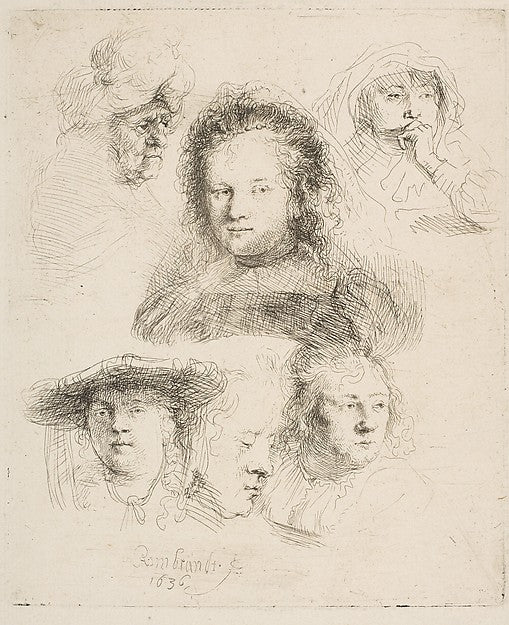 Studies of the Head of Saskia and Others 1636-Rembrandt  , Poster Print