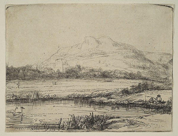 Canal with an Angler and Two Swans-Rembrandt  ,  Poster Print