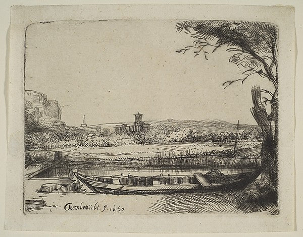 Canal with a Large Boat and a Bridge-Rembrandt  ,  Poster Print