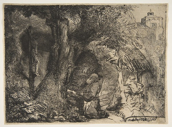 Saint Francis beneath a Tree  Praying 1657-Rembrandt ,16x12"(A3) Poster