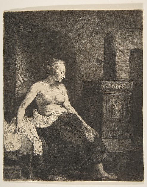 Woman Sitting Half-Dressed beside a Stove 1658-Rembrandt  ,16x12"(A3)Poster