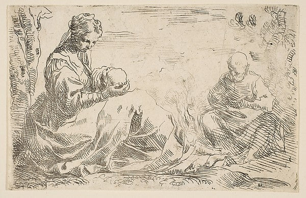 Rest on the flight into Egypt  Mary holding and looking at the,  Poster Print Wall Art