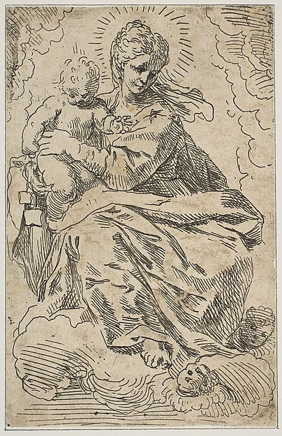 Madonna and Child on clouds 17th cent-Attributed to Simone Can,  Poster Print Wall Art