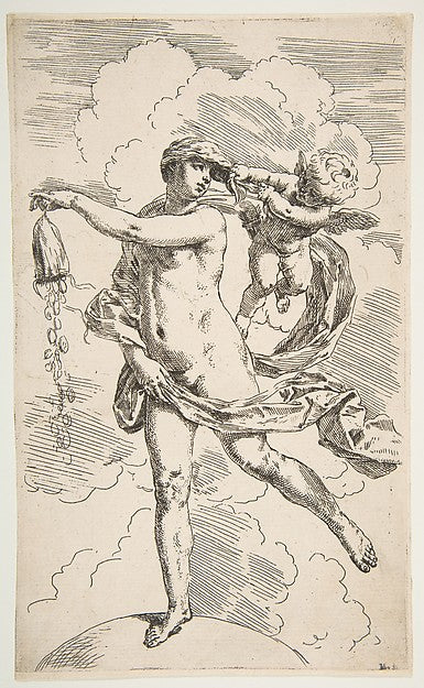 Fortune standing with one foot on a globe and emptying a purse,  Poster Print Wall Art
