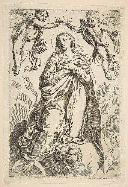 The Virgin being crowned by two angels  copy after Cantarini 1,  Poster Print Wall Art