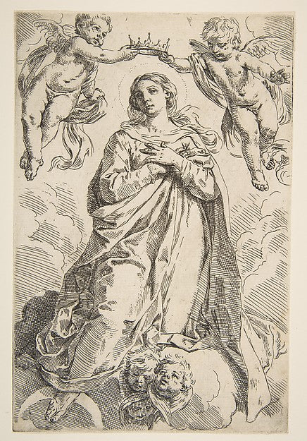 The Virgin being crowned by two angels ca.1639-Simone Cantarin,  Poster Print Wall Art