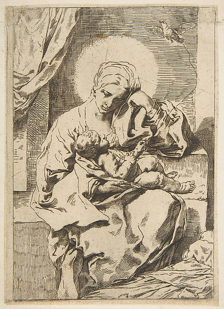 Madonna and Child with a bird  copy in reverse after Cantarini,  Poster Print Wall Art