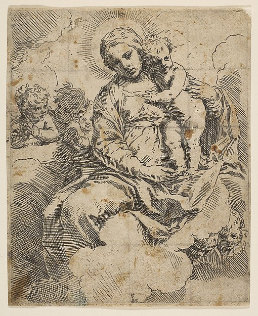Madonna and Child seated on clouds and surrounded by angels c1,  Poster Print Wall Art