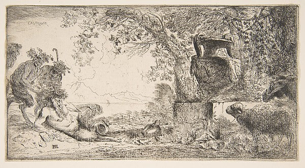 Pan reclincing near a large vase set in a landscape c1645-Giov,16x12"(A3) Poster
