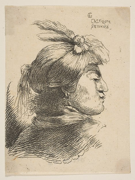 Man wearing a small turban Oonamented with plumes and ribbon  ,  Poster Print Wall Art