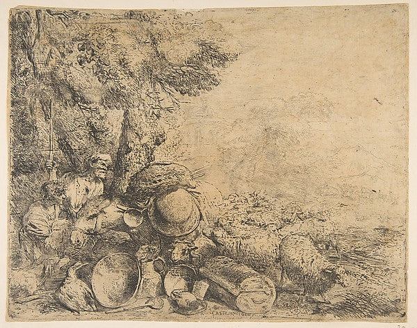 Two shepherds  a donkey and other animals in a landscape c1638,  Poster Print