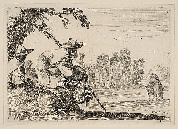 Plate 5 -  two pilgrims with hats rest to the left  seen from be,  Poster Print Wall Art