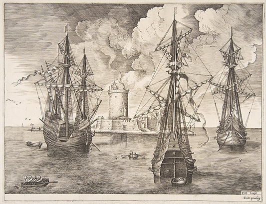 Four-master and Two Three-masters Anchored near a Fortified Is,16x12"(A3) Poster