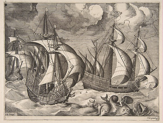 Three Caravels in a Rising Squall with Arion on a Dolphin from,16x12"(A3) Poster