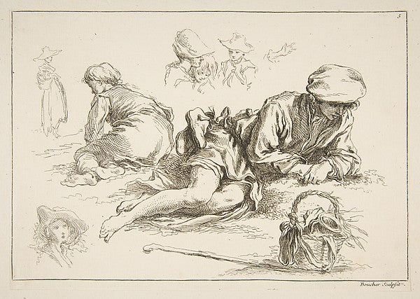 Sheet of Sketches c1735-François Boucher, After Abraham Bloema,  Poster Print Wall Art
