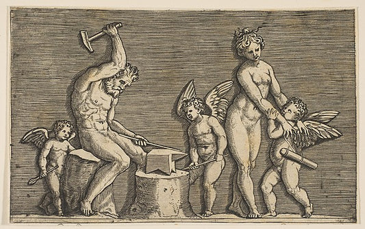 Vulcan seated hammering on an anvil flanked by Venus and three,16x12"(A3) Poster