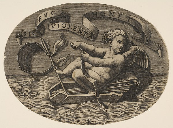 Eros escaping by sea using his bow to propel a boat made from,16x12"(A3) Poster