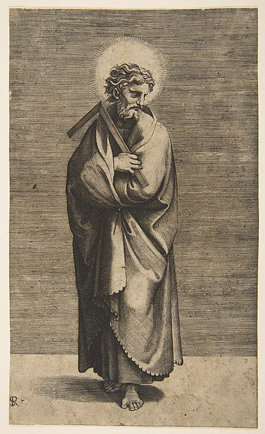Saint Thomas holding a square rule  his head turned to the rig,  Poster Print Wall Art