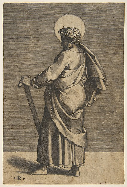 Saint Simon standing facing left  holding a saw and a book c15,  Poster Print Wall Art