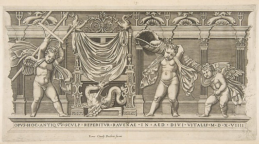 Three cupids in front of a facade with pilasters  one holding,16x12"(A3) Poster