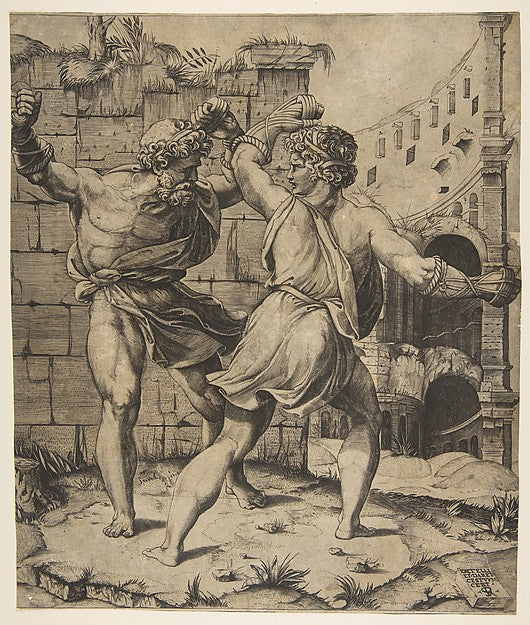 Entellus and Dares fighting in front of classical ruins 1520–2,16x12"(A3) Poster