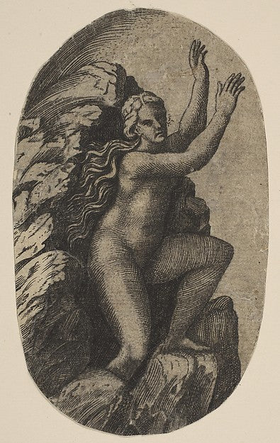 Eurydice naked standing on a rock  her arms raised to the righ,16x12"(A3) Poster