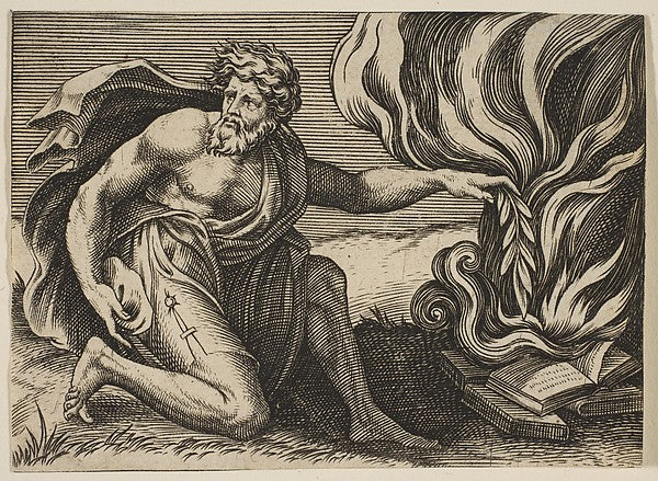 A man kneeling and placing a laurel branch upon a pile of burn,16x12