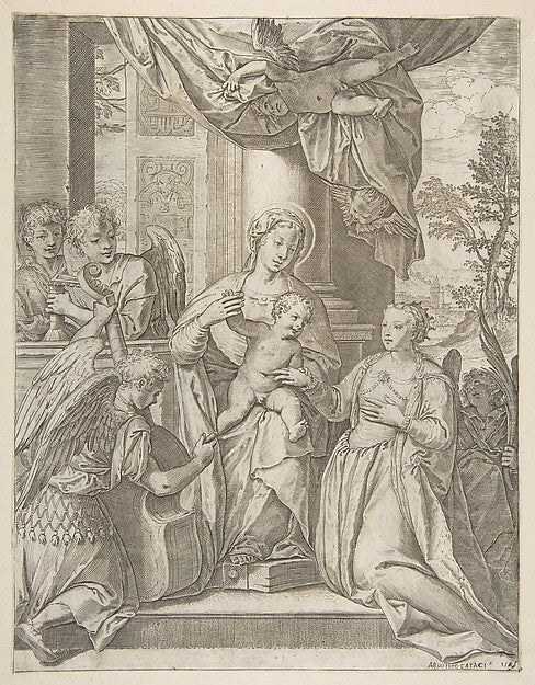 The mystic marriage of Saint Catherine who sits at center with,  Poster Print Wall Art