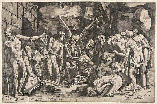 A group of emaciated men and women gathered around a skeleton,16x12"(A3)Poster