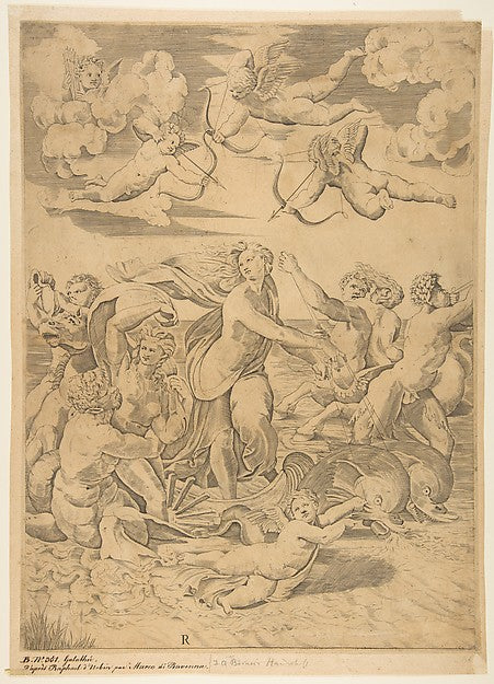 Galatea riding in a shell pulled through the water by dolphins, Poster Print