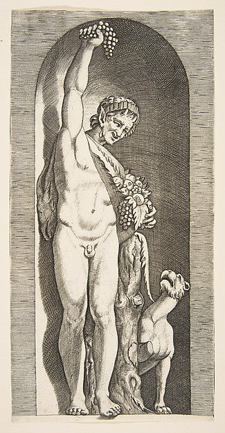 A faun standing in a niche holding aloft a bunch of grapes wit,16x12"(A3)Poster