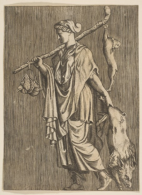 Woman returning from a hunt carrying a boar in her left hand a,16x12"(A3) Poster