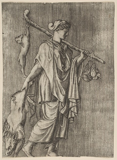 Woman returning from a hunt carrying a boar in her right hand,16x12"(A3) Poster