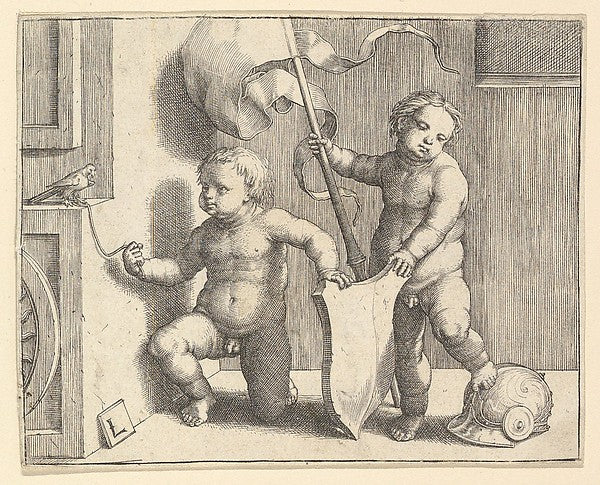 Two Nude Children Supporting a Blank Shield c1510-Lucas van Le,  Poster Print Wall Art