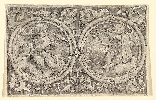 Two Putti Seated in Clouds in Circles with Tendrils 1517-Lucas,  Poster Print Wall Art