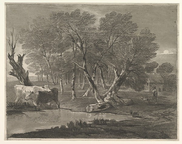 Wooded Landscape with Cows beside a Pool  Figures and Cottage,  Poster Print Wall Art