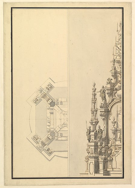 Half Plan and Half Elevation for a Catafalque with Royal Crown,  Poster Print Wall Art