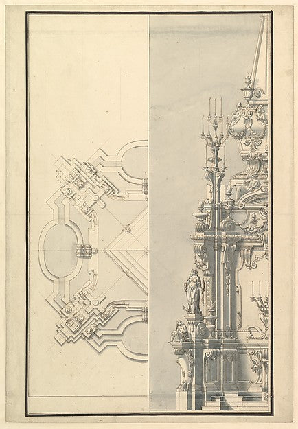 Half Ground Plan and Half Elevation for a Catafalque for a Que,  Poster Print Wall Art