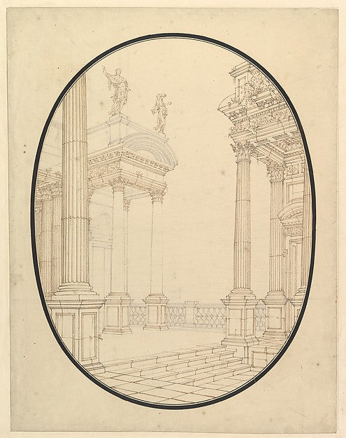 Architectural Perspective  in an Oval -  Porch of a Palace with,  Poster Print Wall Art